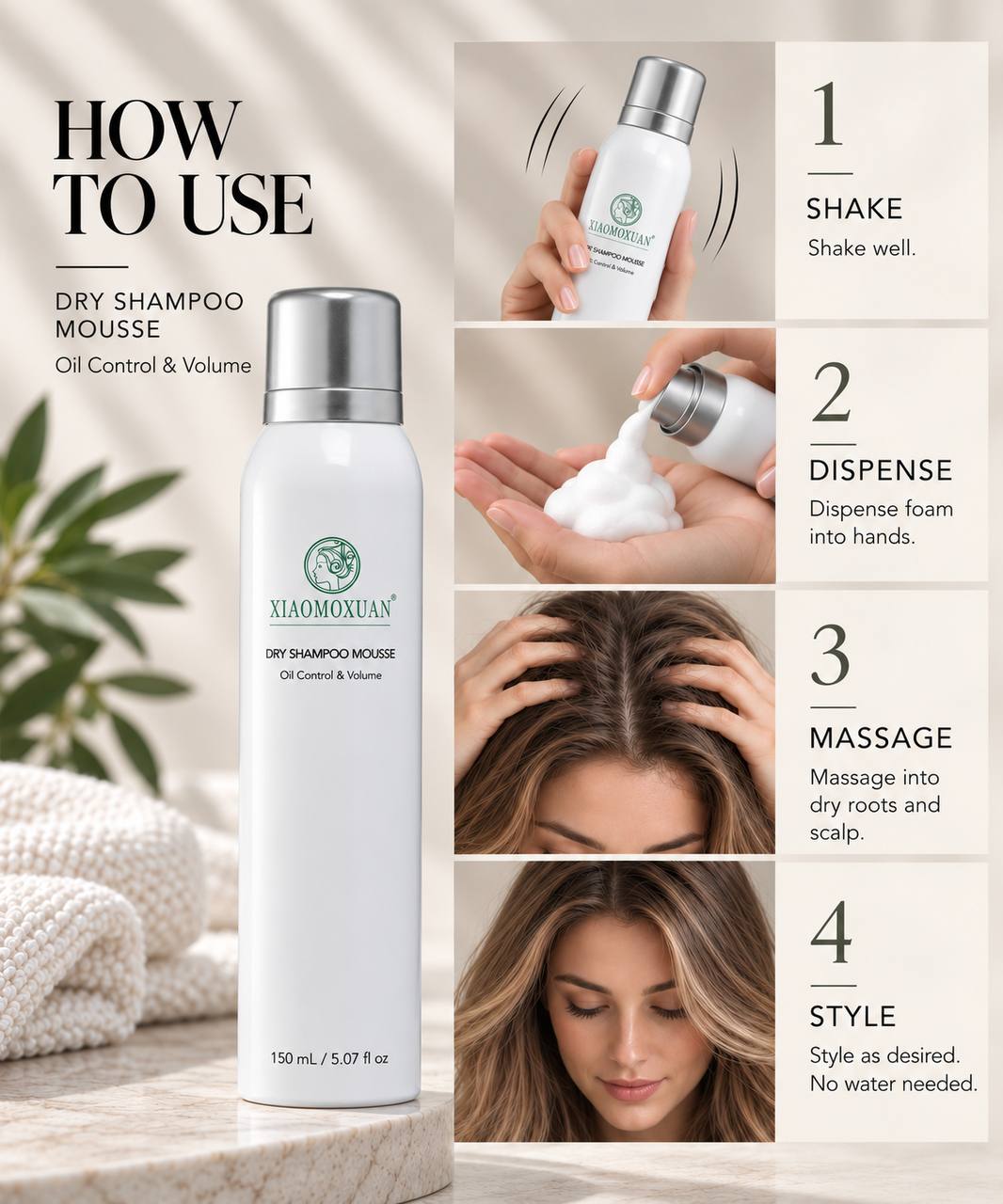 XIAOMOXUAN Dry Shampoo Mousse – Oil Control & Volume, 150 ml